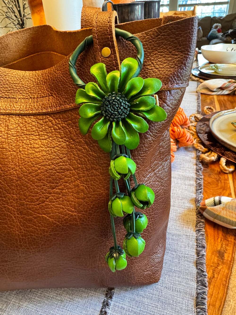 Green Flower Purse Charm Flower Bag Charm Genuine Leather Accessories NEW!